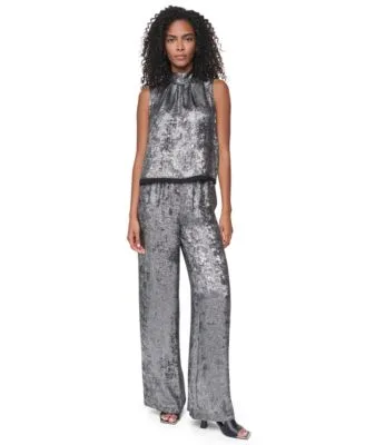 Empire State Steel Mock Neck Swing Cocktail Blouse Pull Velvet High Rise Wide Leg Pants by DKNY