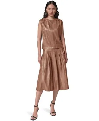 Faux Leather Sleeveless V Back Blouse Pleated a Line High Waisted Skirt by Donna Karan New York