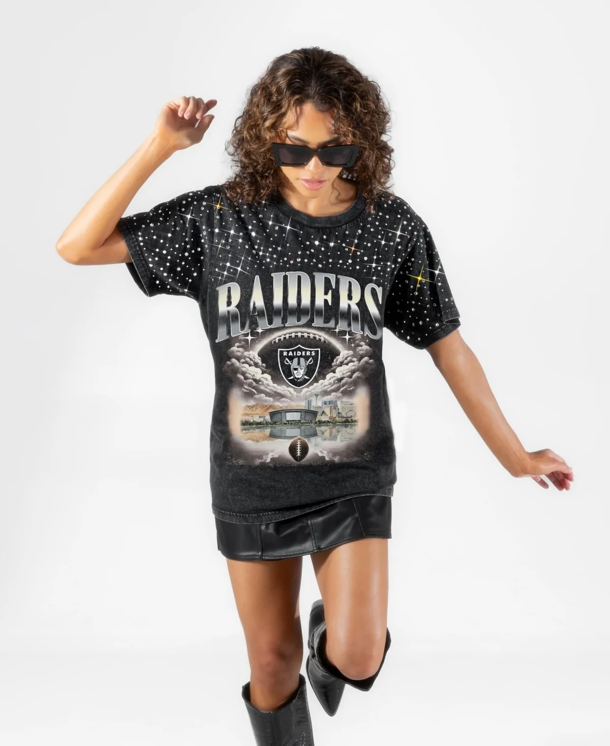 Las Vegas Raiders Skys the Limit Washed Micro Rhinestone T-Shirt by Gameday Couture