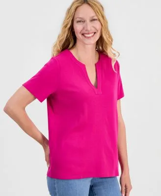 Cotton Short Sleeve Split Neck Top by Style & Co