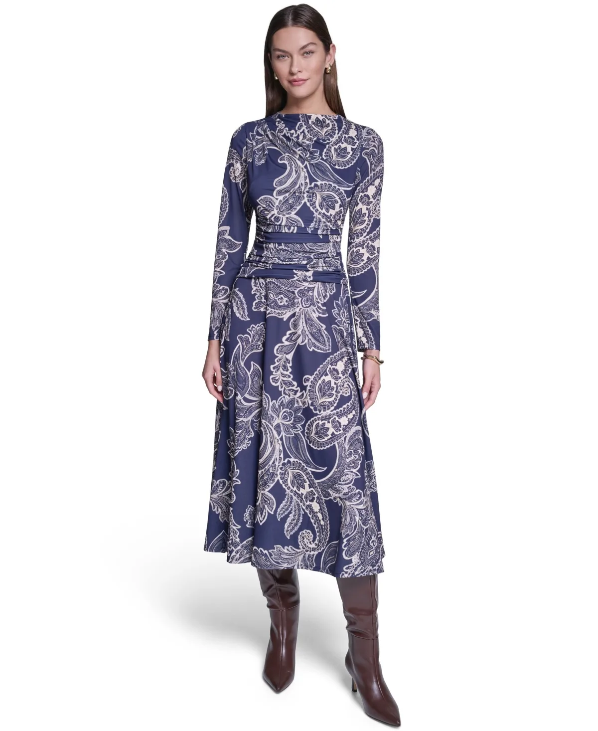 Long-Sleeve Paisley-Print A-Line Midi Dress by Halston