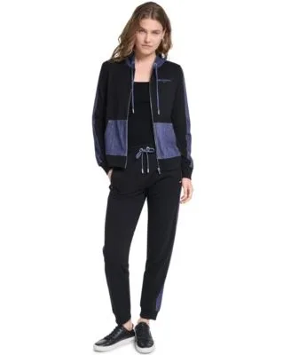 Zip Up Denim Contrast Hooded Jacket Denim Contrast Jogger Pull on Ankle Pants by Karl Lagerfeld