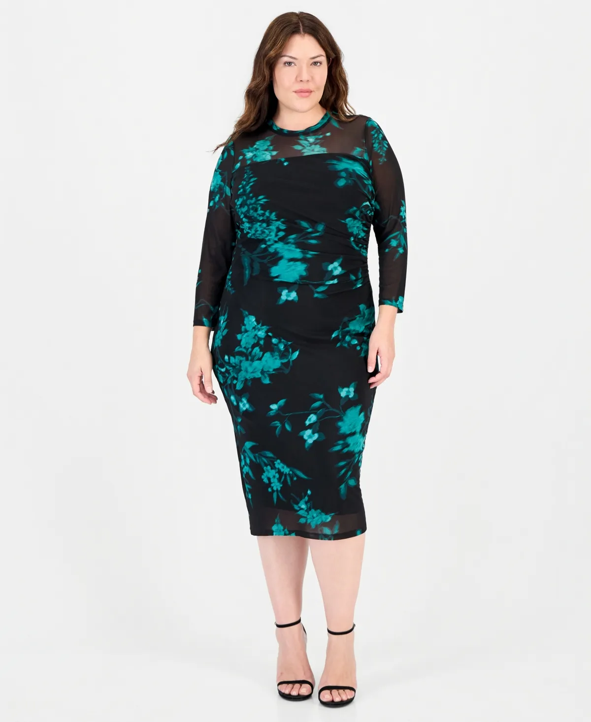 Floral Long-Sleeve Mesh Midi Dress