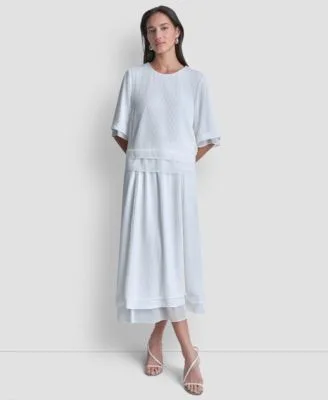 Crewneck Layered Top Layered Window Pane Ankle Skirt by DKNY