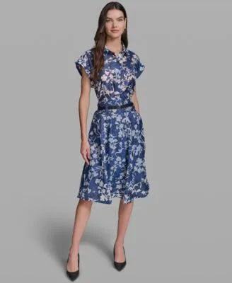 Bungee Burnout Short Sleeve Woven Shirt Burnout Belted a Line Skirt by Karl Lagerfeld