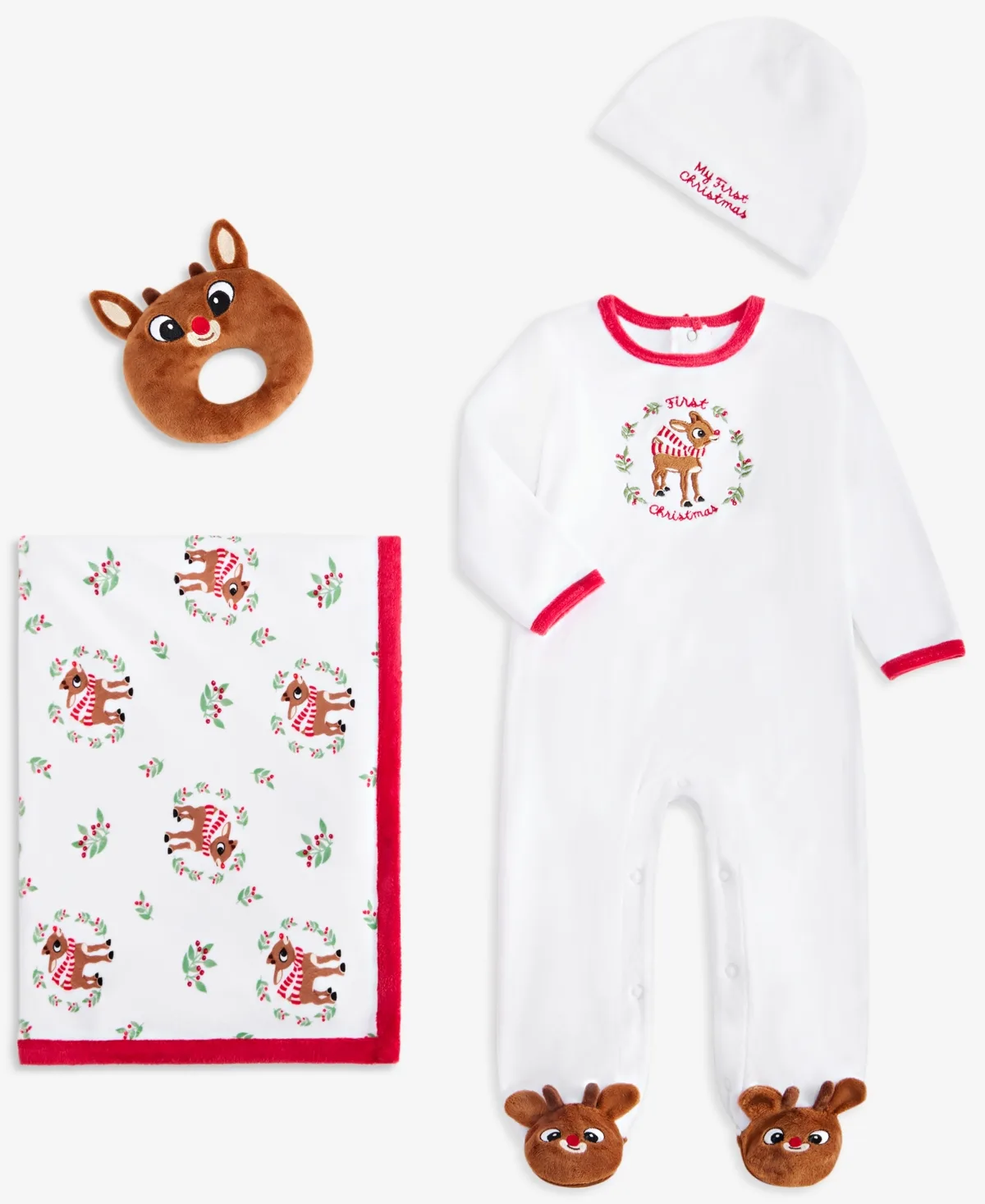 My First Christmas Hat, Footed Coverall, Blanket and Toy, 4-Piece Set by First Impressions