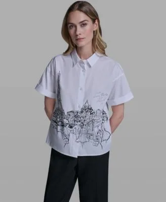 Collared Paris Scene Short Sleeve Poplin Shirt by Karl Lagerfeld
