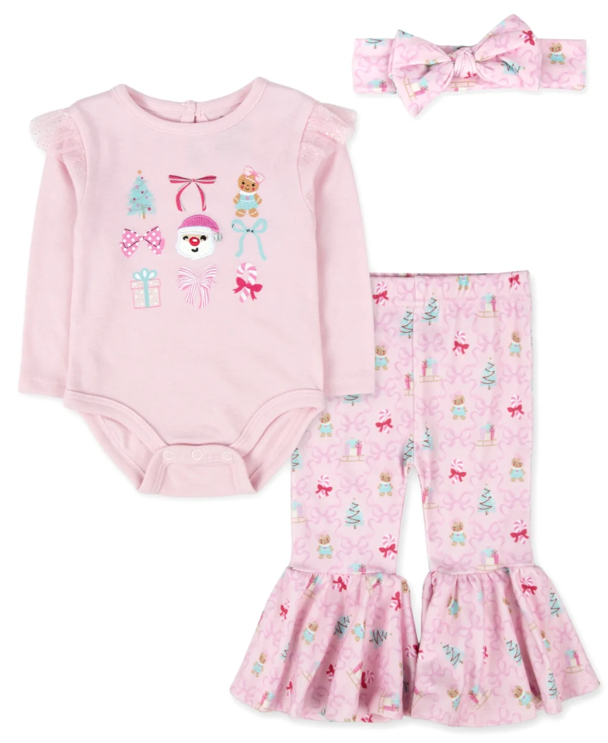 Long-Sleeve Holiday Bodysuit, Pants, and Bow Headband, 3-Piece Set by Baby Essentials