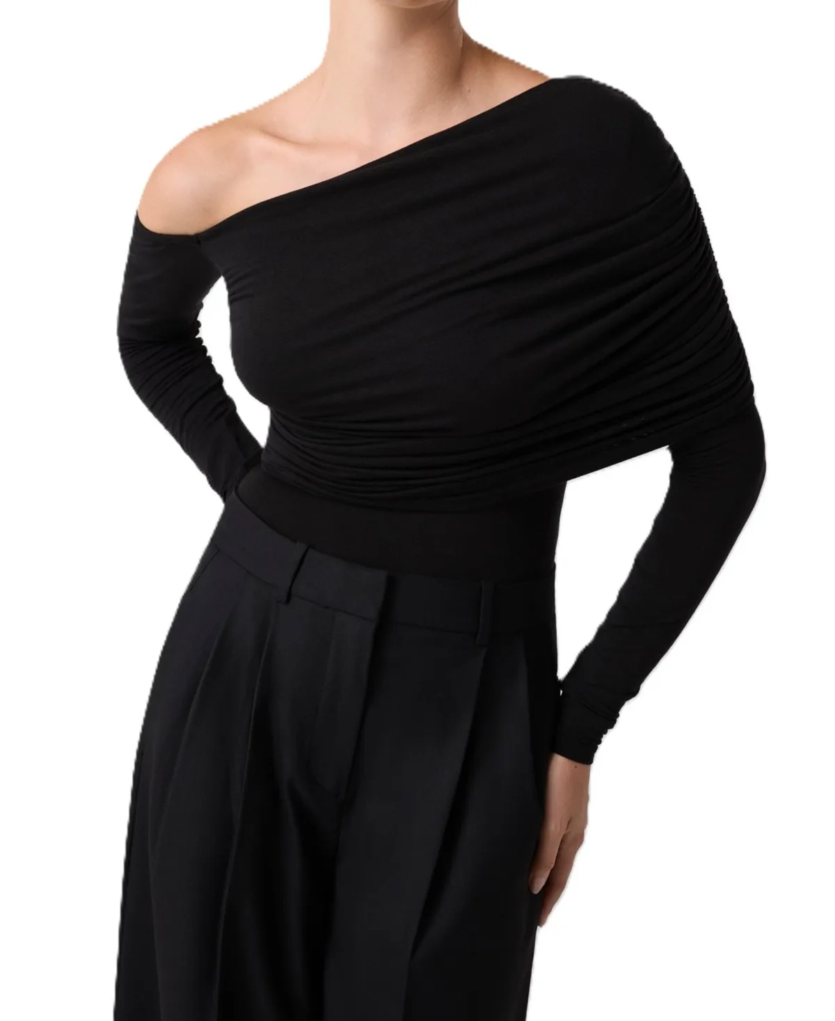 Asymetric Drapery Long Sleeve Off Shoulder Bodysuit by GUESS