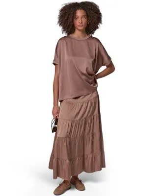Crewneck Boxy Blouse Satin Midi Tiered Skirt by Donna Karan Weekend