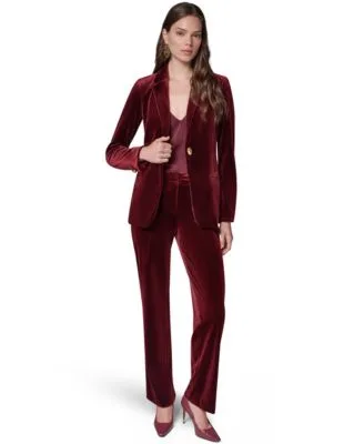 Classic Velvet 1 Button Shoulder Padded Blazer Classic No Front Velvet Straight Mid Rise Pants by Donna Karan New York