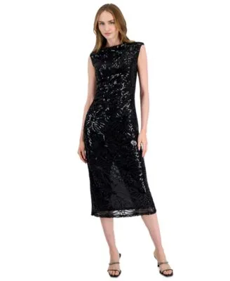 Sleeveless Floral Sequin Draped Neck Midi Dress