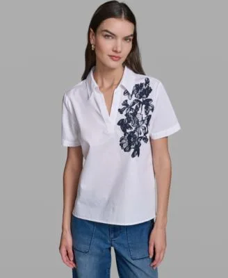 Poplin Floral Embroidered Collared Top by Karl Lagerfeld