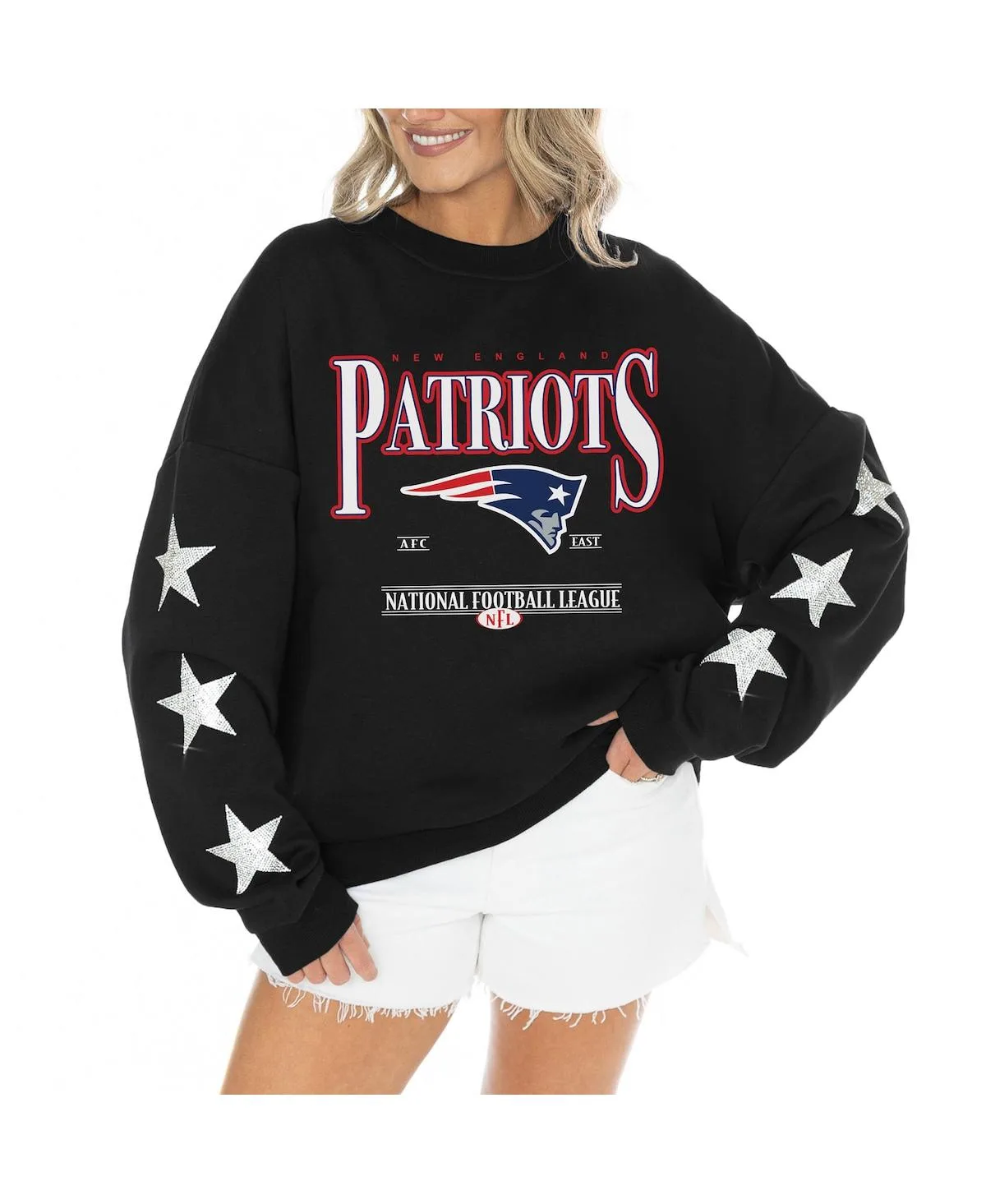New England Patriots Rhinestone Star Sleeve Settle the Score Oversized Tri-Blend Pullover Top by Gameday Couture