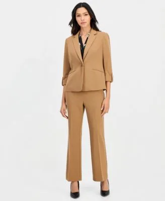 Essentials 3/4 Sleeve One Button Blazer Printed Elbow Sleeve Split Neck Top Pull on Straight Leg Pants by Anne Klein