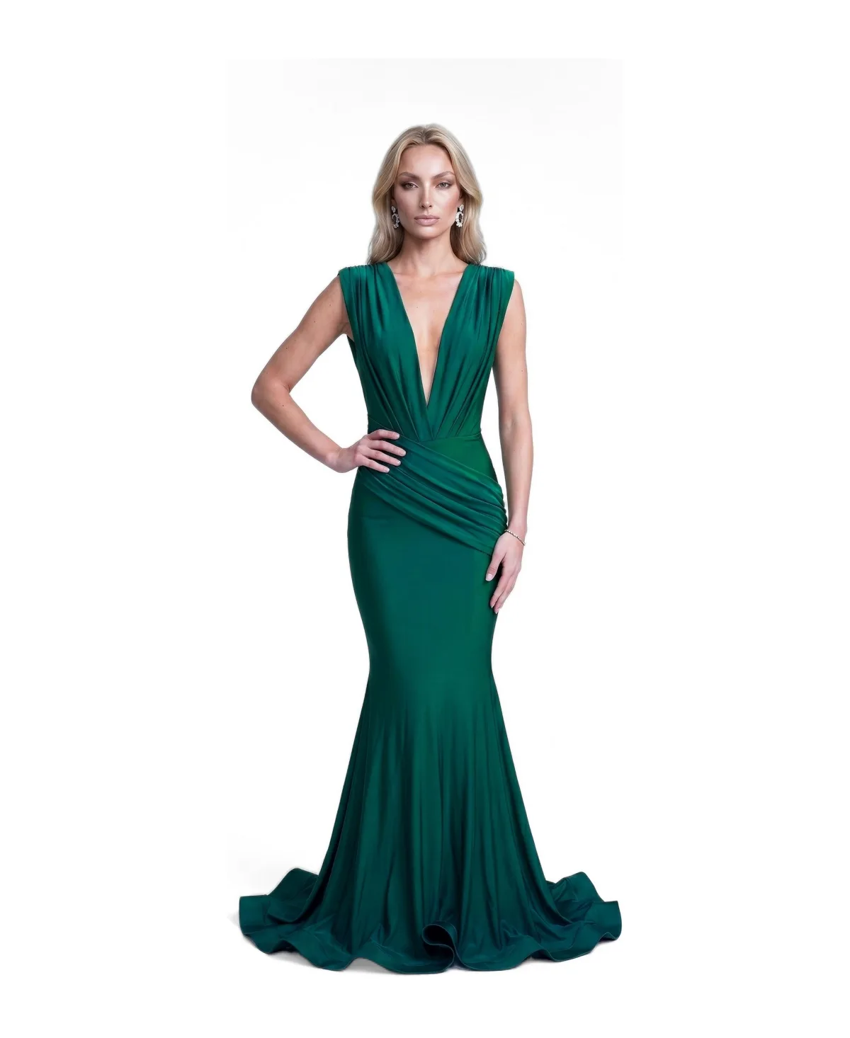 Jessica Angel Ruched Plunge Pleated Sleeveless Mermaid Gown by Jessica Angel