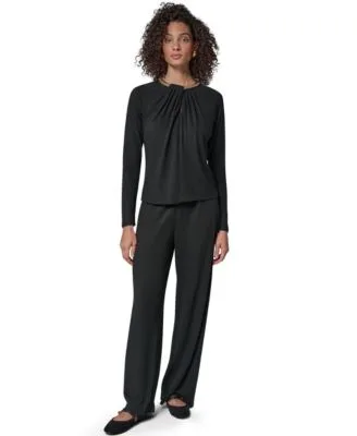 Donna Karan New York Necklace Detail Long Raglan Sleeves Keyhole Cutout Pullover Sweater Wide Leg Flat Front Pull on Pants by Donna Karan New York