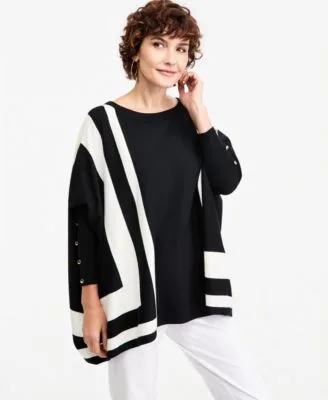 JM Collection Stripe Boat Neck 3/4 Sleeve Poncho by JM Collection