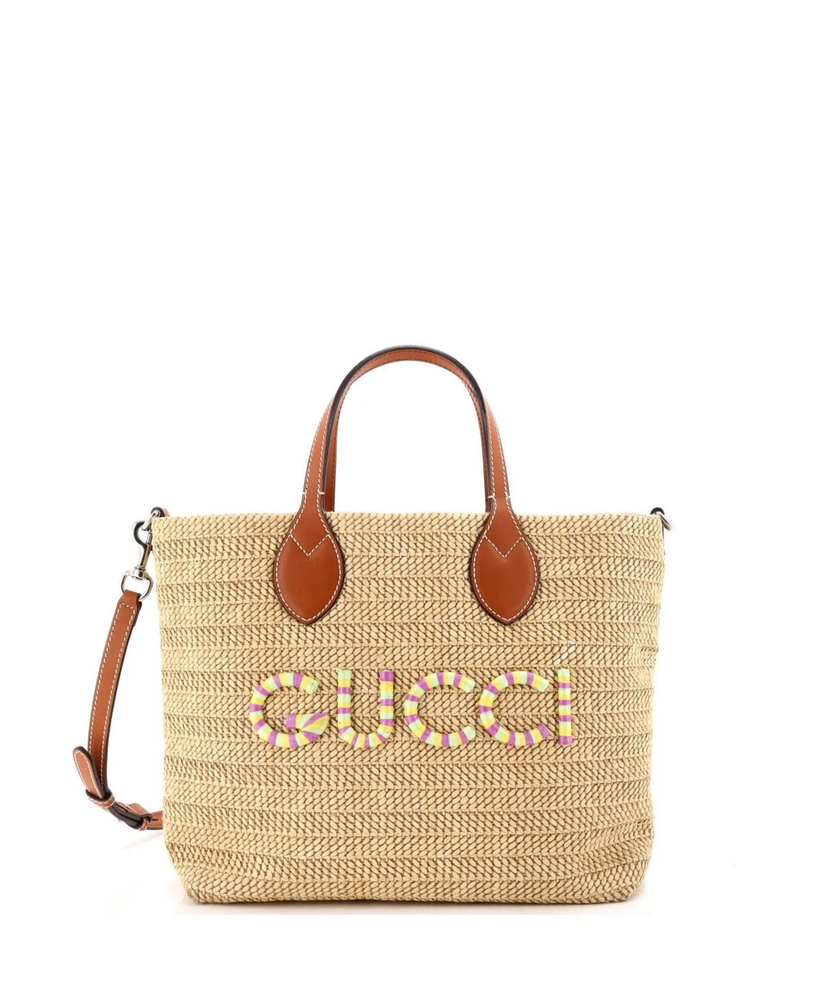 Pre-Owned Gucci Small Logo Plaque Convertible Tote Raffia by Gucci