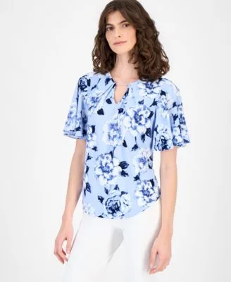 Pleated Printed Bell Sleeve Top by Anne Klein