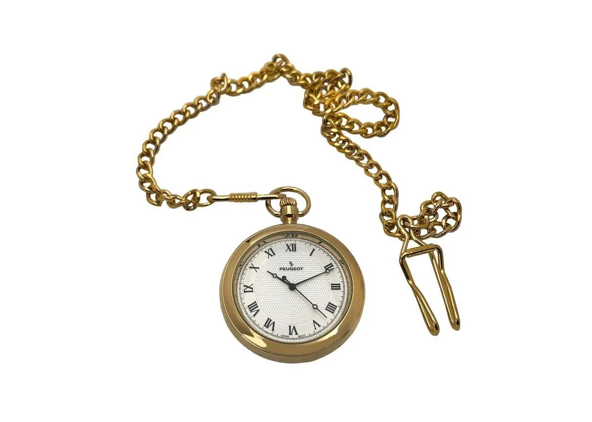 14K Gold Plated Vintage Pocket Watch with Chain by Peugeot