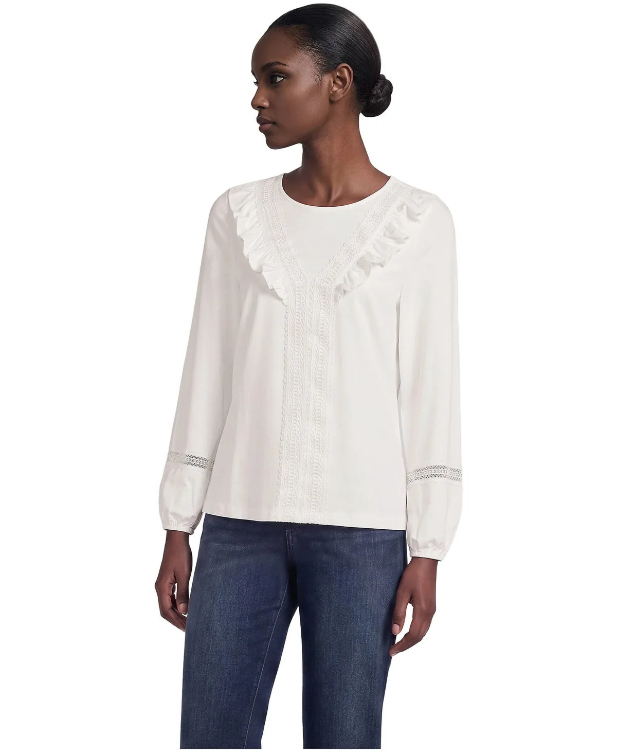 Long Sleeve Lightweight Jersey Crew Neck Lace Ruffle Blouse