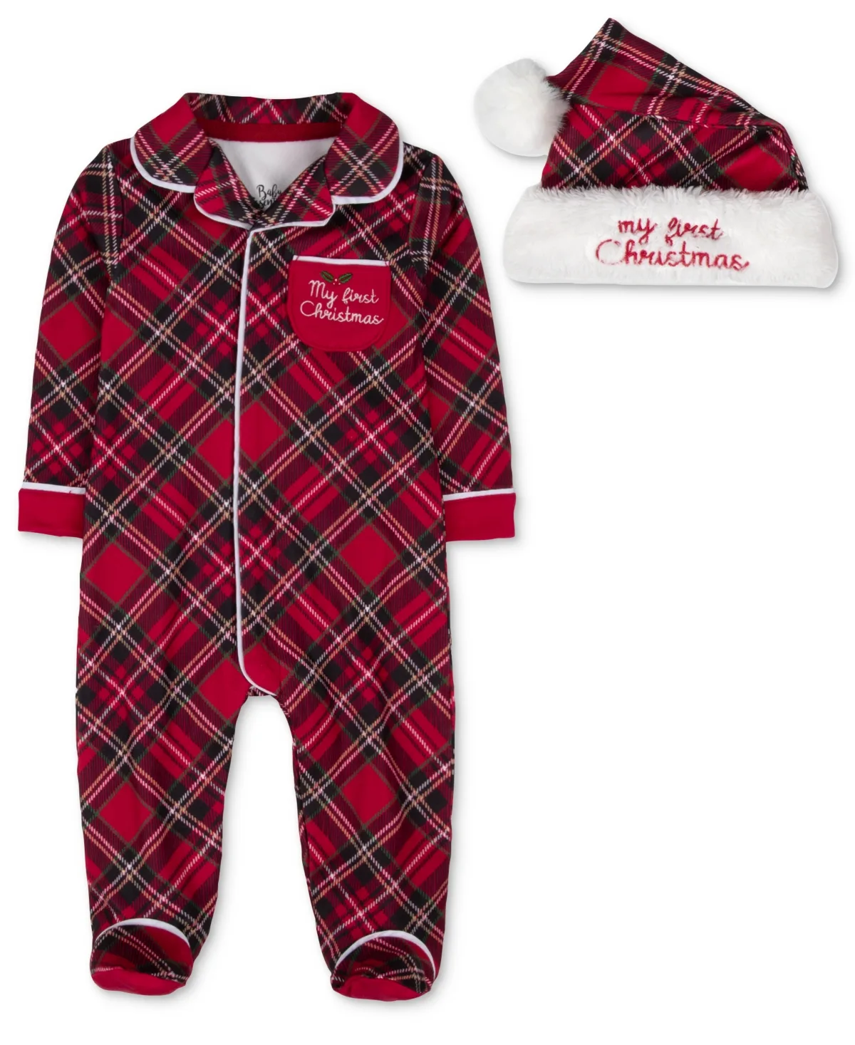 My First Christmas Plaid Footie and Santa Hat, 2-Piece Set by Baby Essentials