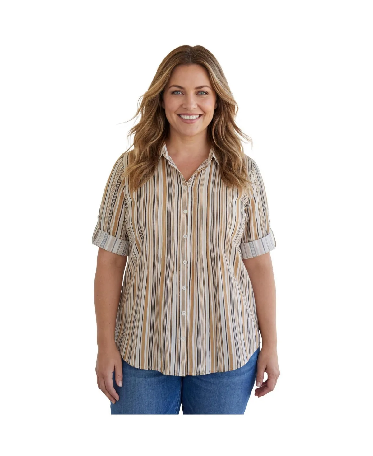 Pintucked Button Down Gauze Shirt by Woman Within