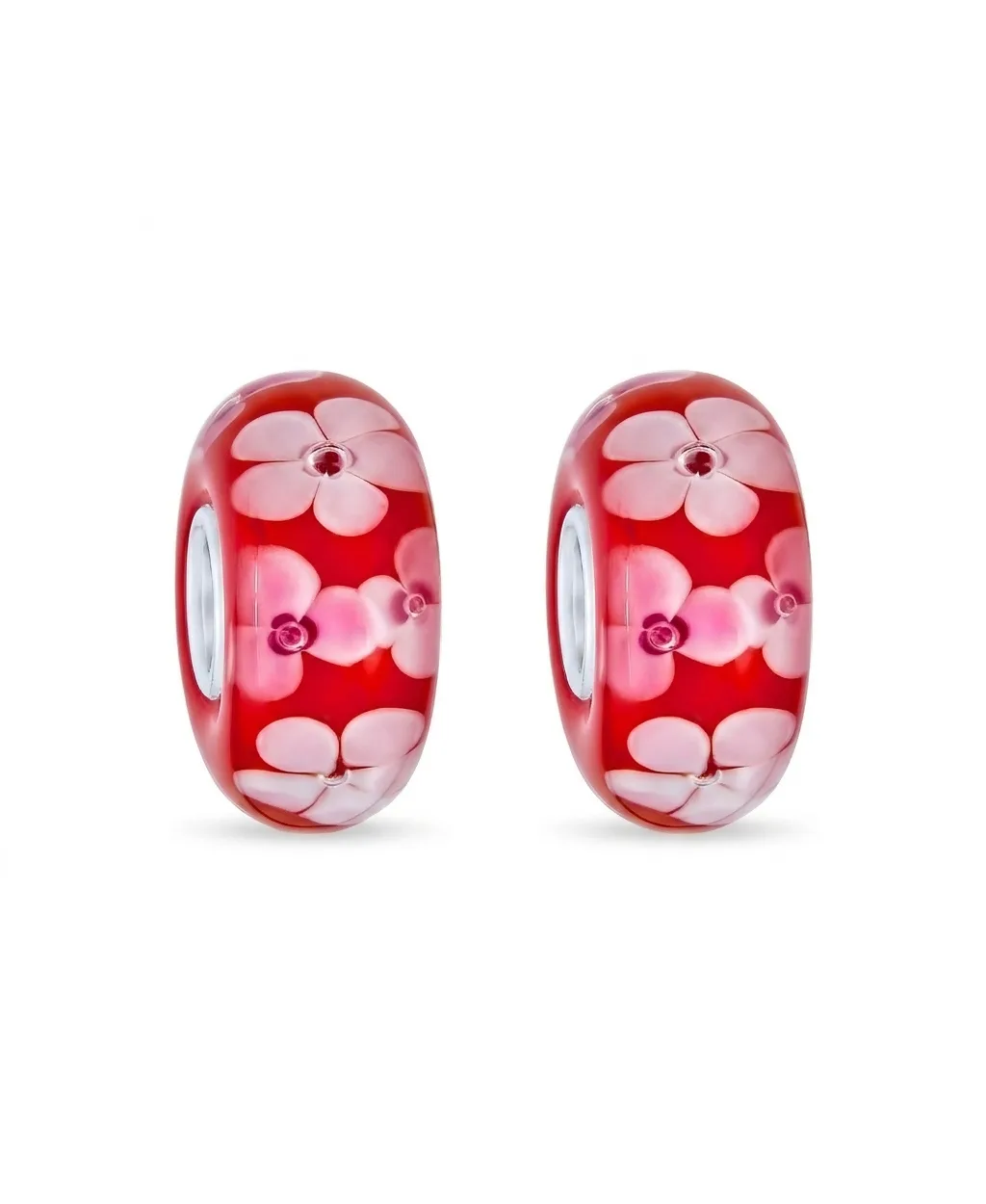 Flowers Pink Red Glass Charm Bead for Bracelet Sterling Silver (Set-2) by Bling Jewelry