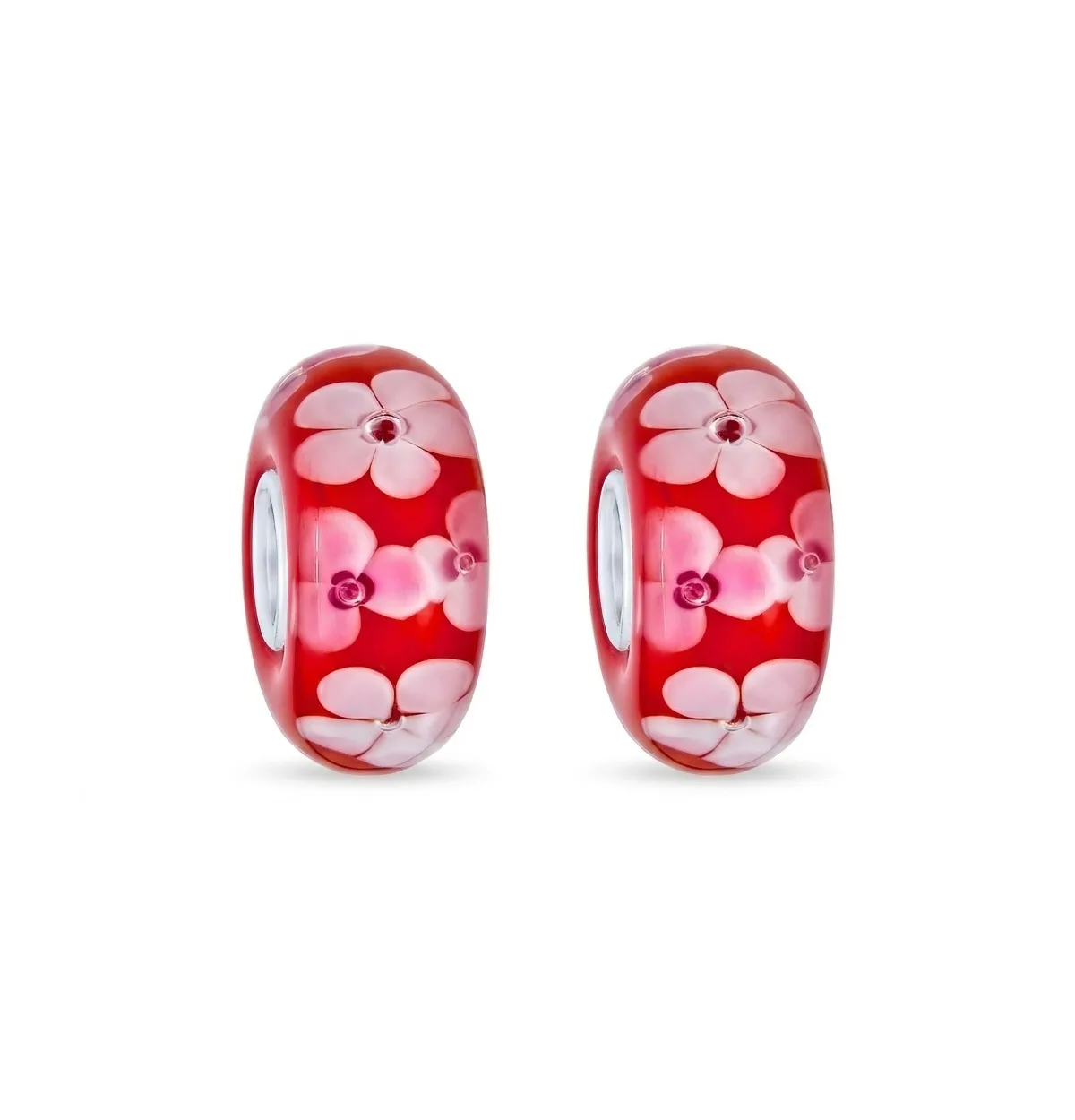 Flowers Pink Red Glass Charm Bead for Bracelet Sterling Silver (Set-2) by Bling Jewelry