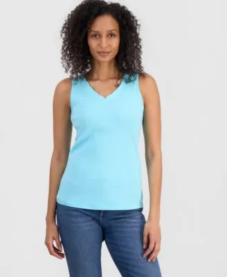 Cotton Scalloped V Neck Sleeveless Top by Style & Co