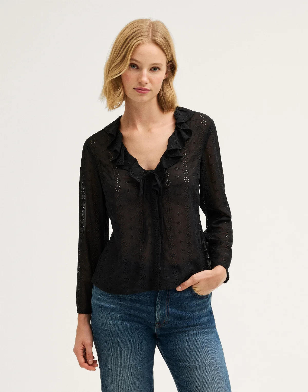 Ruffled V-Neck Long-Sleeve Top by MW