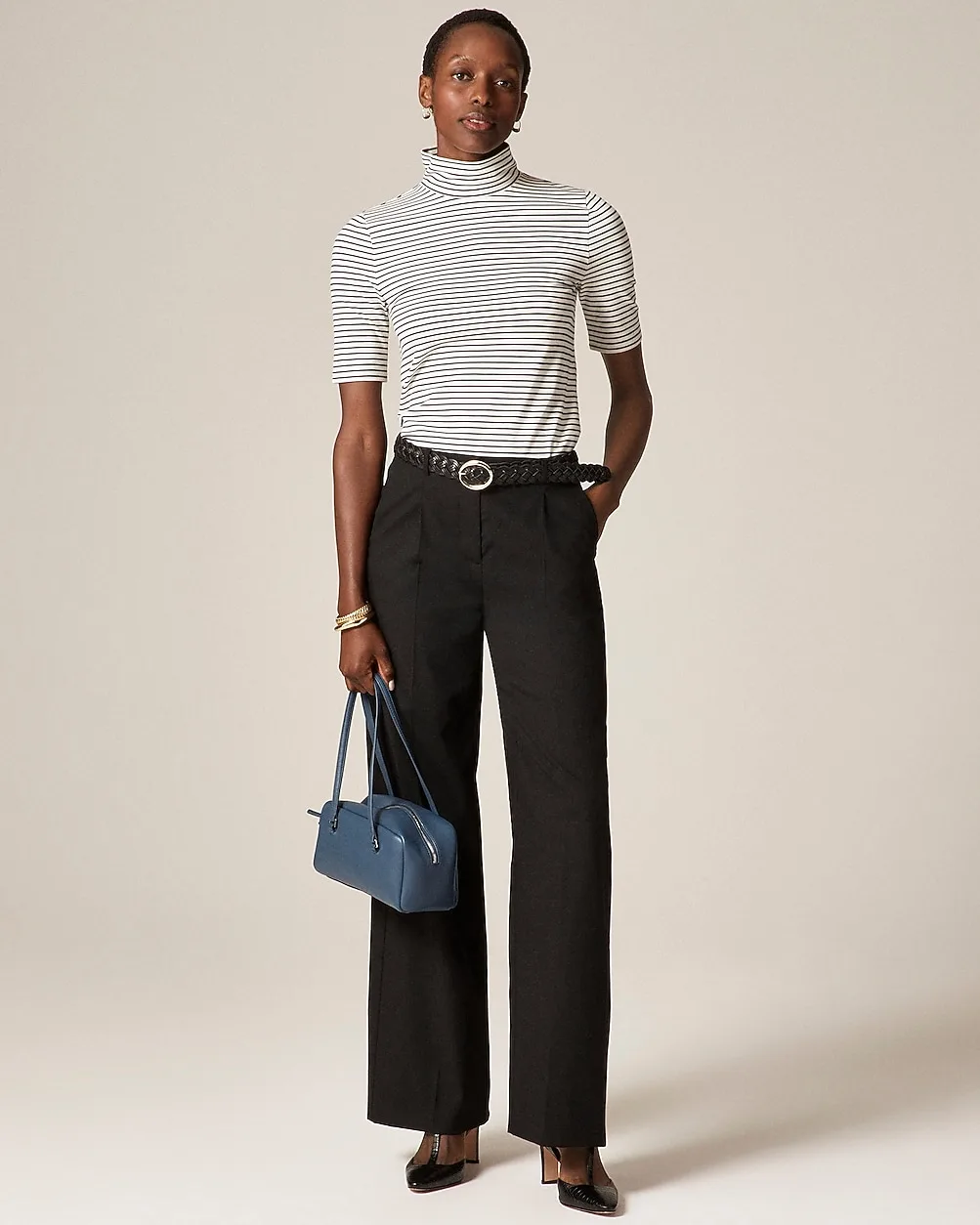 Stretch Cotton-Blend Elbow-Sleeve Mockneck T-Shirt in Stripe by J.Crew