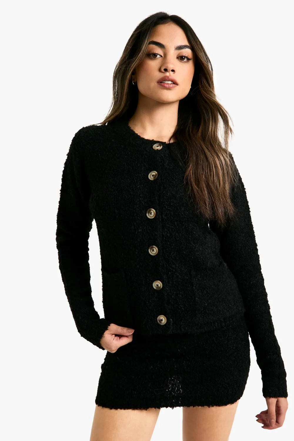 Borg Knitted Pocket Detail Crop Cardigan & Mini Skirt Set by boohoo