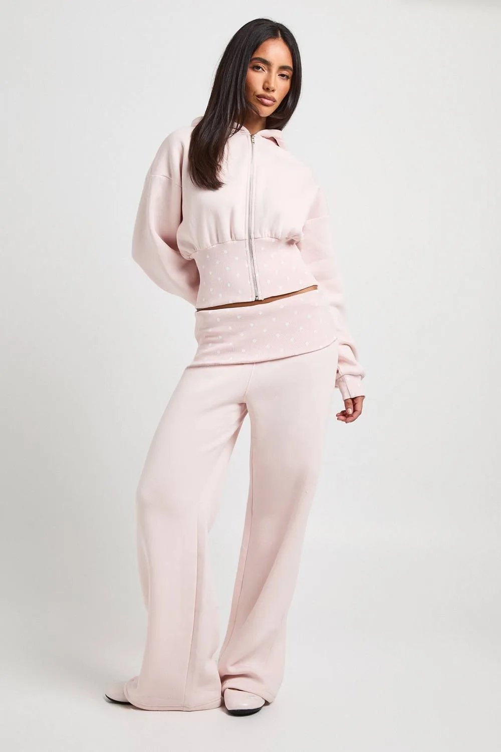 Polka Dot Contrast Deep Hem & Foldover Waistband Tracksuit by boohoo