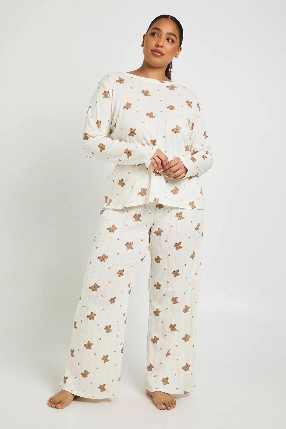 Pointelle Bear Print Long Sleeve Top & Trouser Pyjama Set by boohoo