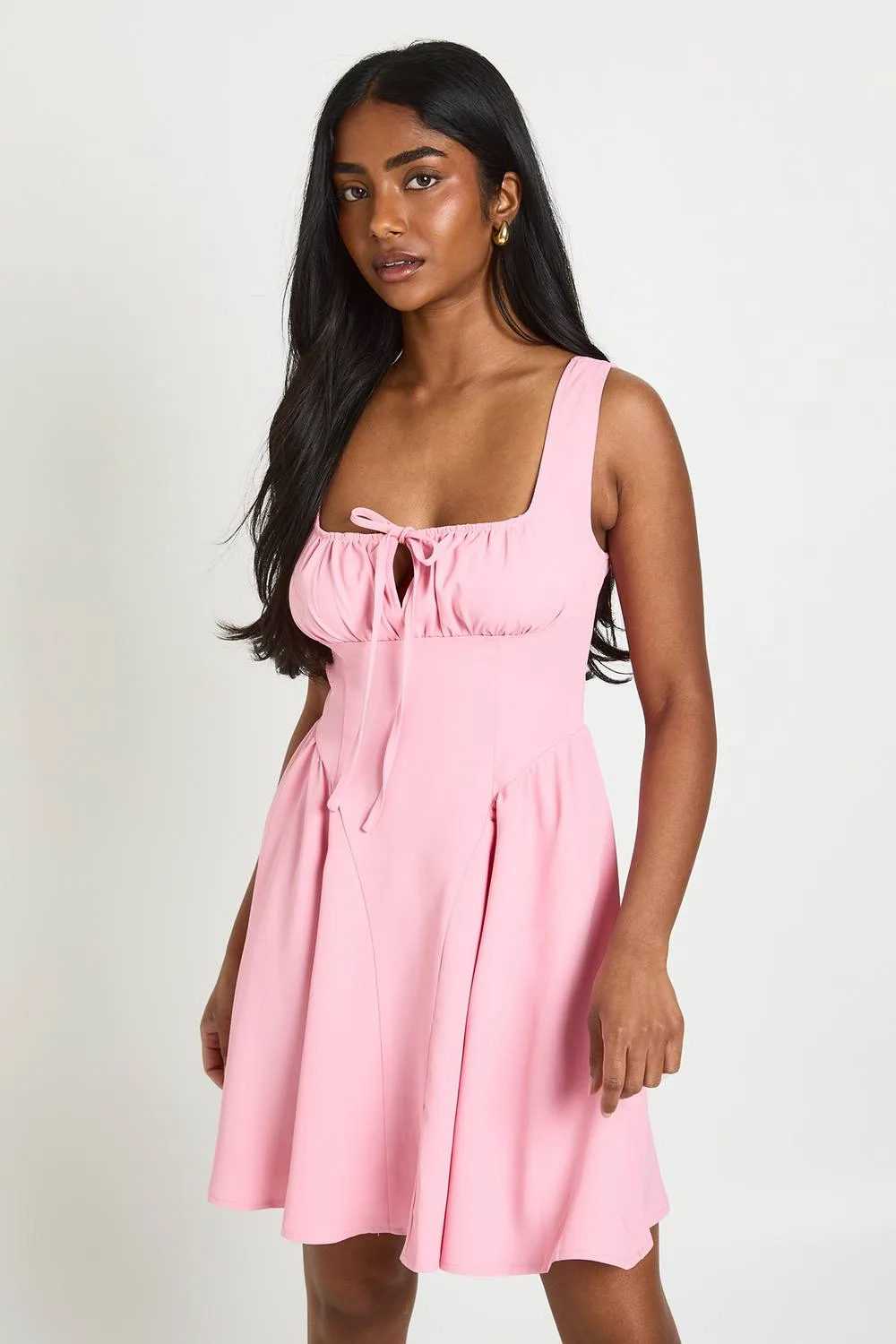 Tie Front Ruched Bust Mini Dress by boohoo
