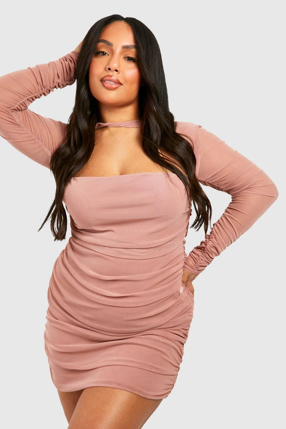 Mesh Twist Detail Ruched Bodycon Dress by boohoo