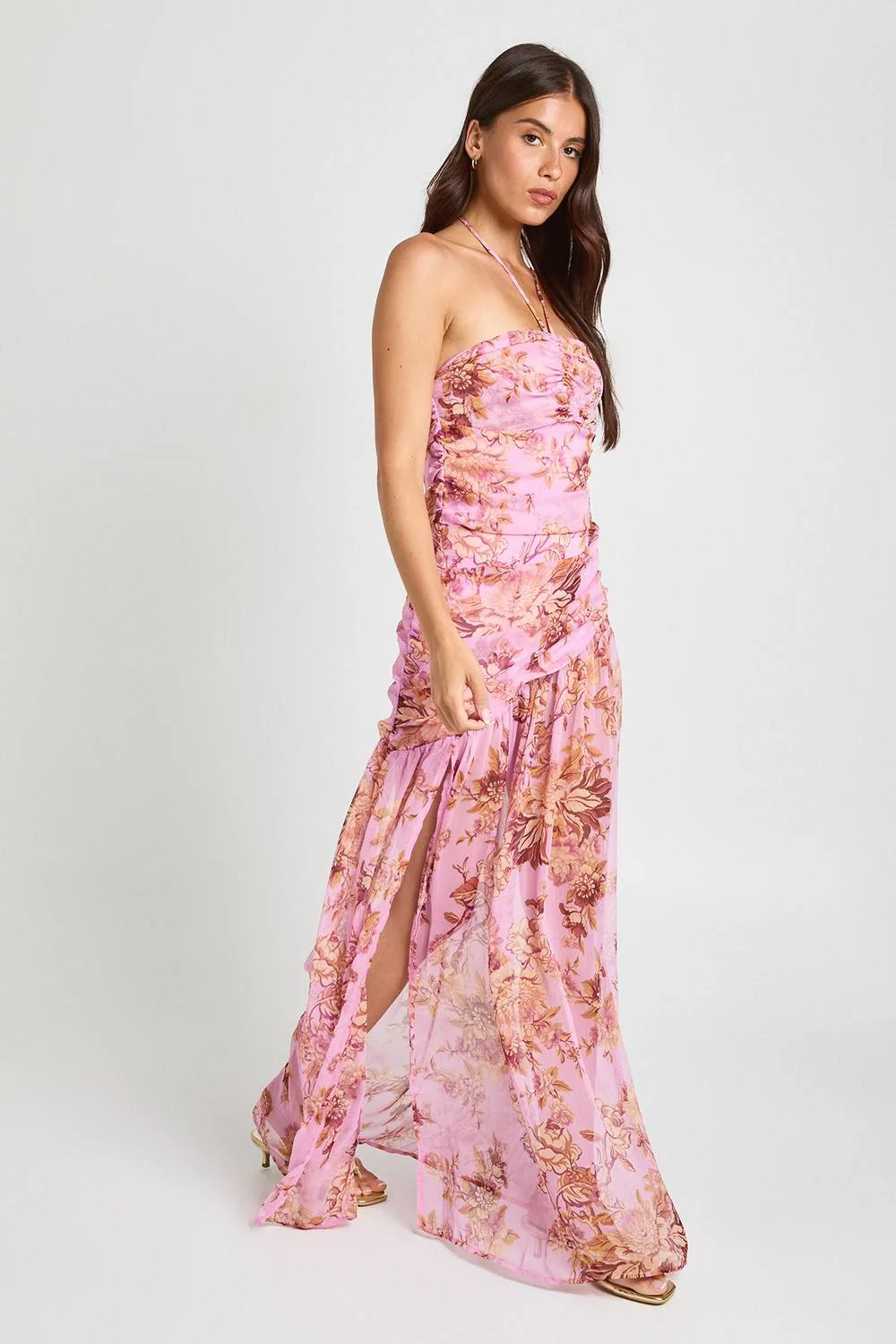 Floral Halterneck Ruched Detail Maxi Dress by boohoo