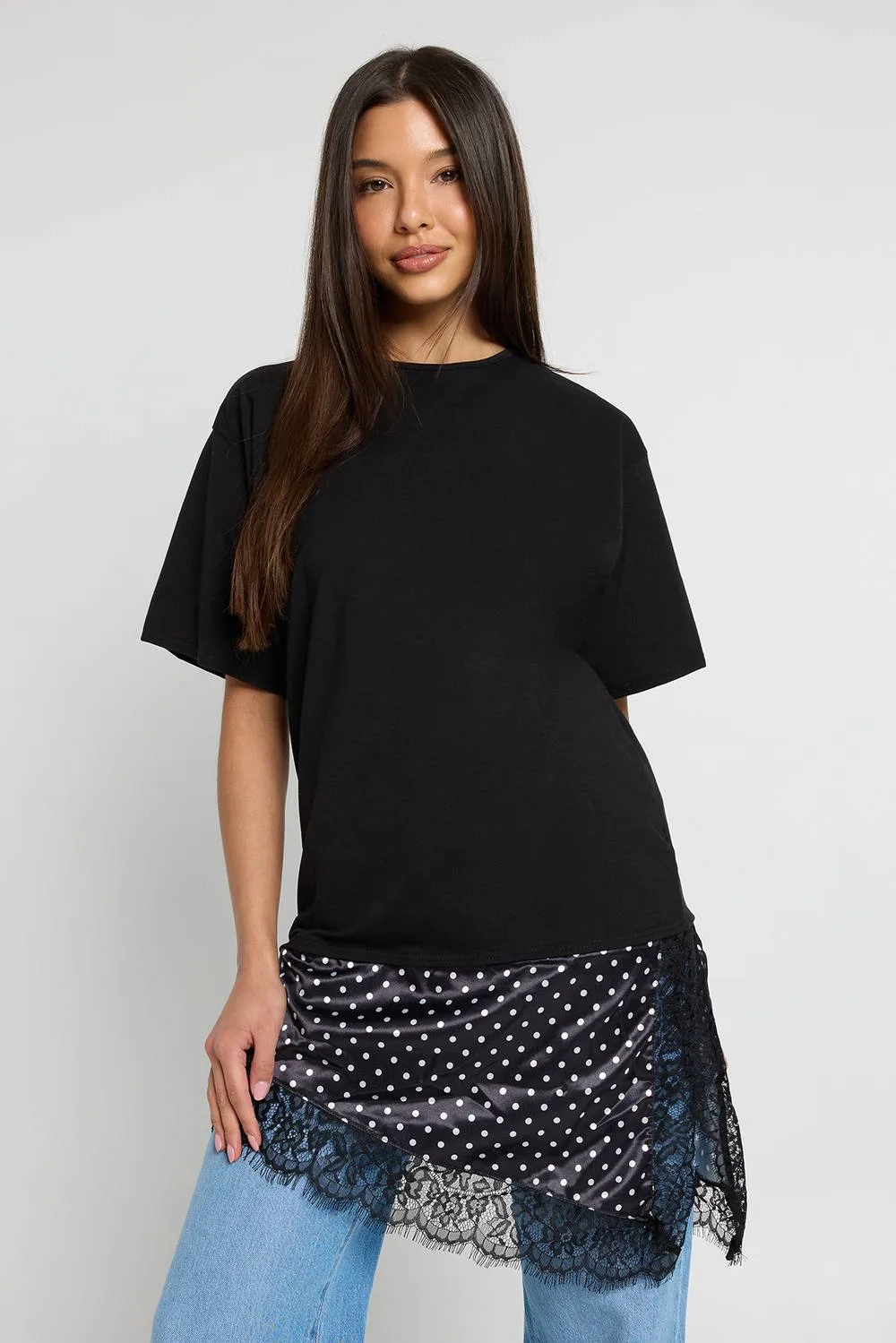 Polka Dot Lace Satin Asymmetric Hem T-Shirt by boohoo