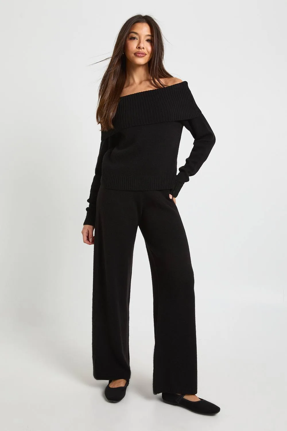 Chunky Knitted Bardot Jumper & Straight Leg Trouser Co-Ord by boohoo
