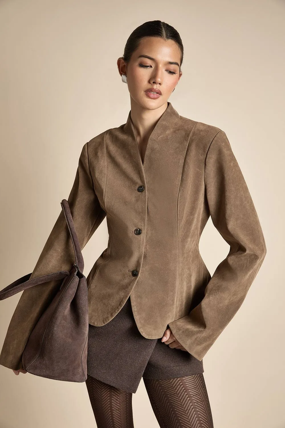 Faux Suede Collarless Cinched Waist Blazer by boohoo