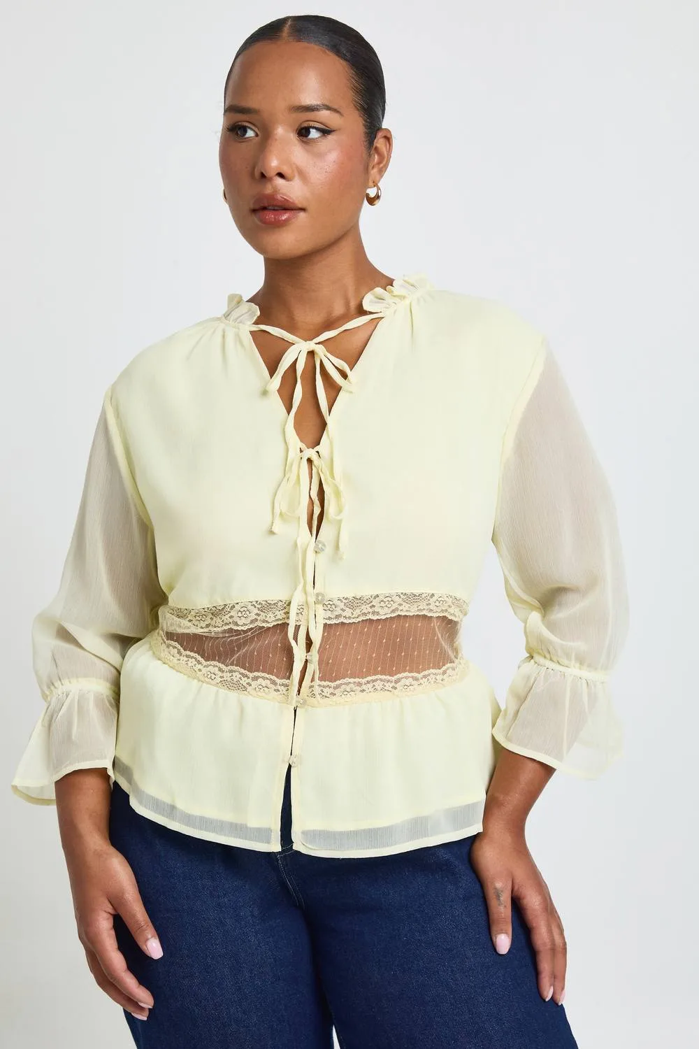 Crinkle Chiffon Lace Insert Blouse by boohoo