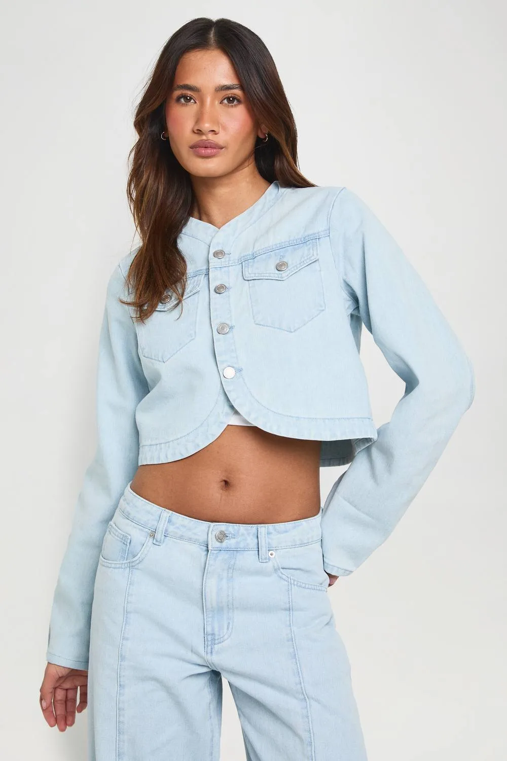 Curved Hem Denim Jacket by boohoo