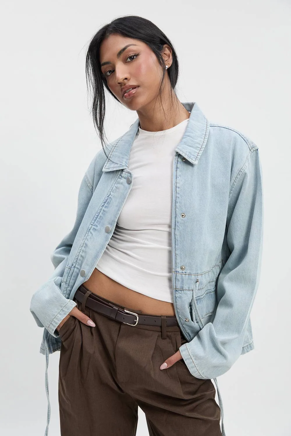 Denim Jacket with Waist Channel by boohoo