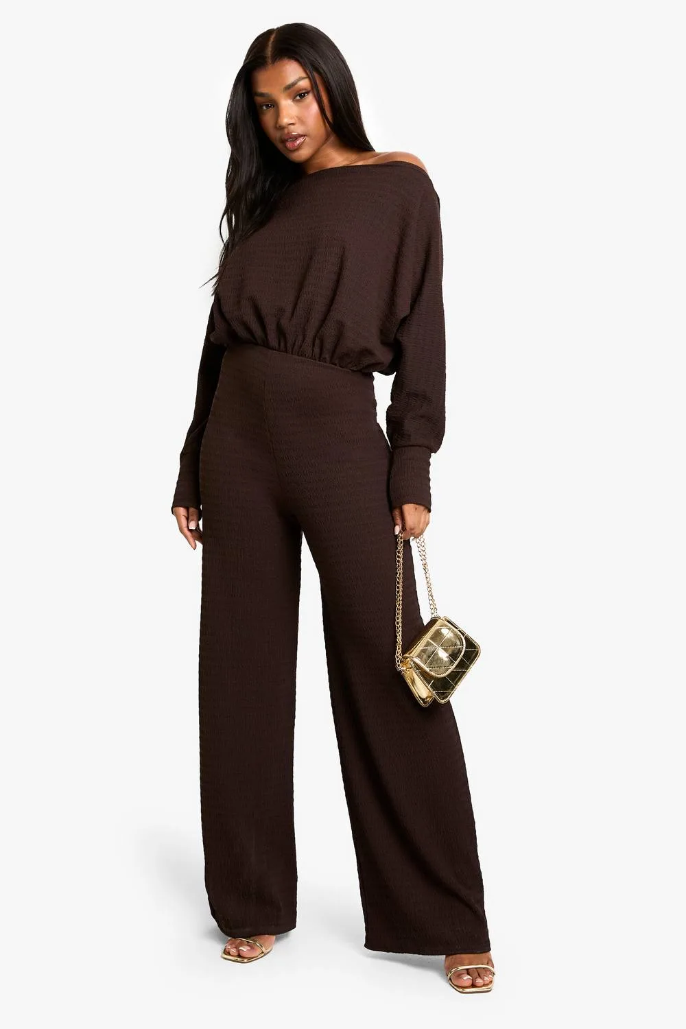 Cold Shoulder Wide Leg Textured Jumpsuit by boohoo