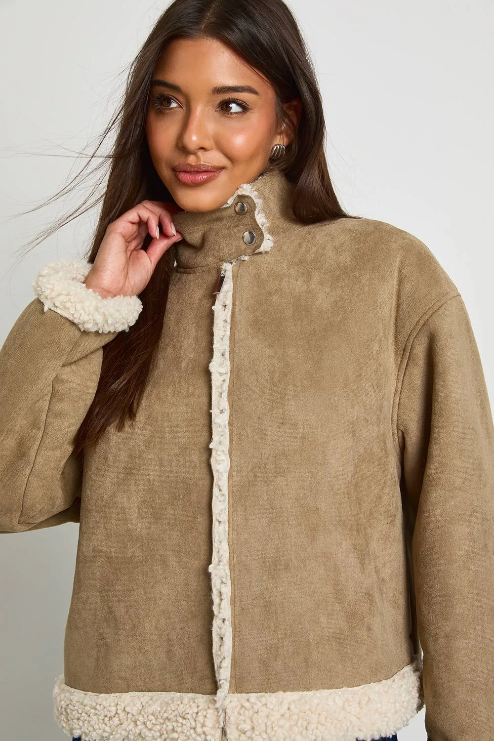 Faux Suede Funnel Neck Fur Lined Aviator - Stone
