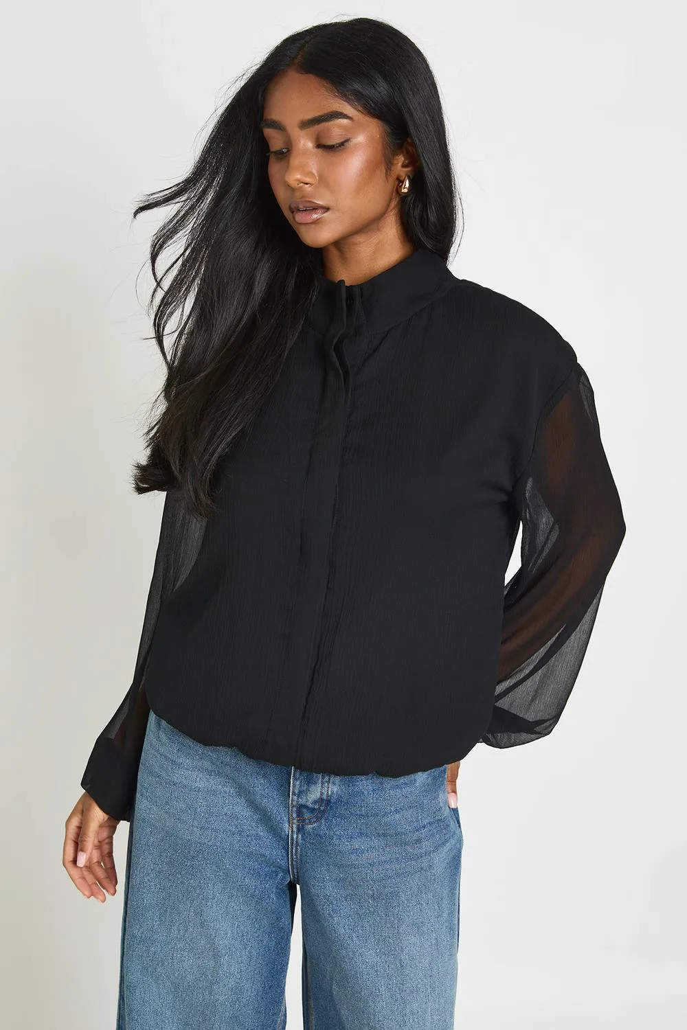 Chiffon Sheer Sleeve Funnel Neck Blouse by boohoo