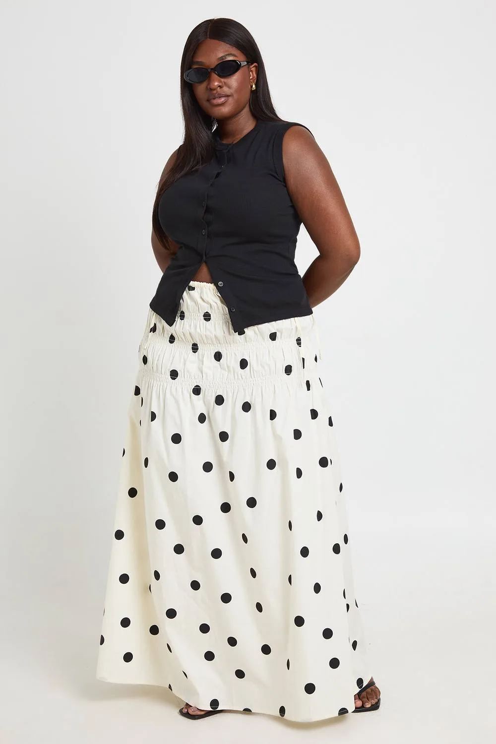 Poplin Polka Dot Shirred Maxi Skirt by boohoo