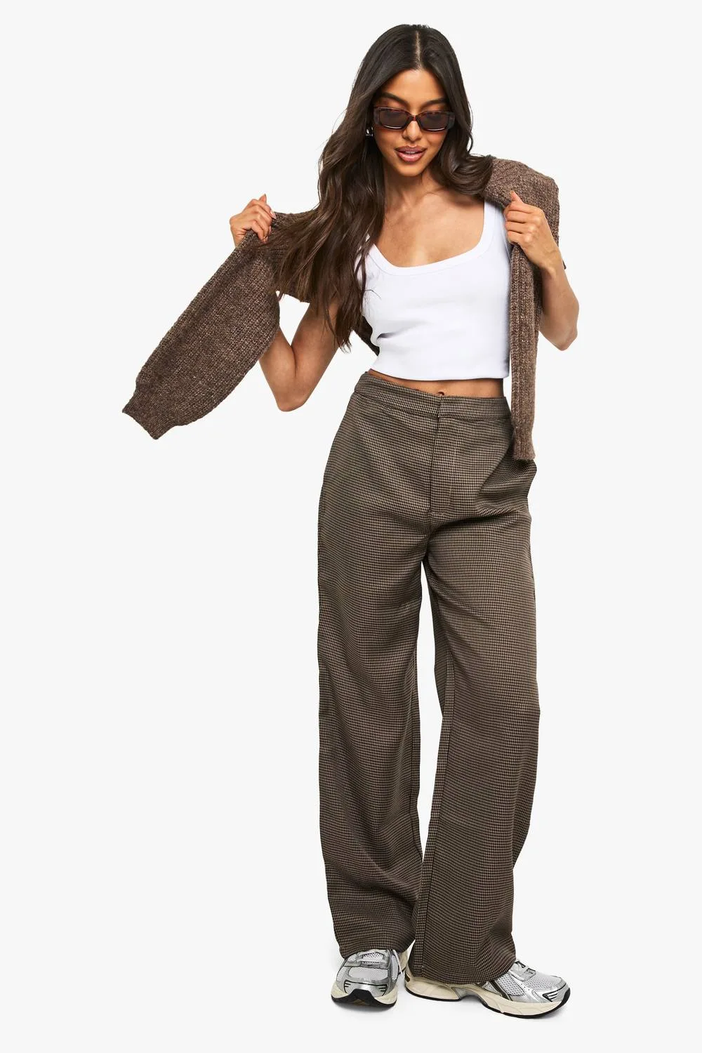 Tonal Check Straight Leg Tailored Trousers by boohoo